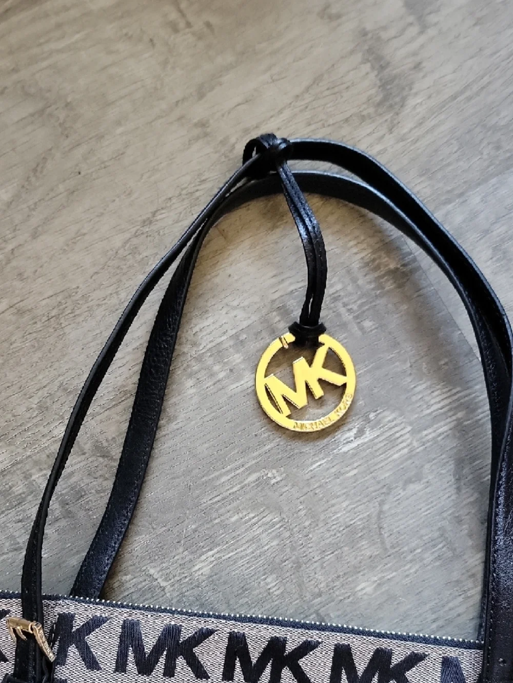 Michael Kors Beige and Black MK Logo Tote with Gold Charm